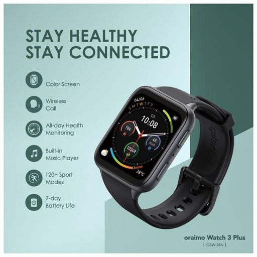 oraimo Watch 3 Plus Wireless Call 1.83'' TFT Color Screen IP68 Dust & Water Resistance Smart Watch